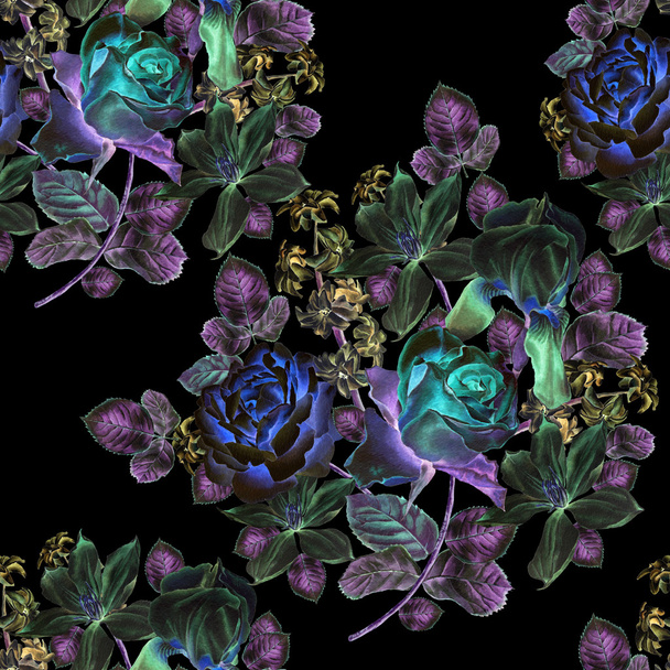 Seamless pattern with spring flowers. Rose. Iris. Hyacinth. Clematis. Watercolor. - Fotografie, Obrázek