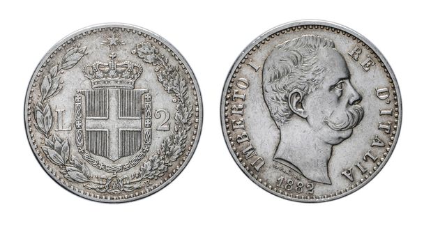 Dwa lirów srebrna moneta 1882 Umberto I Królestwa Włoch - Zdjęcie, obraz