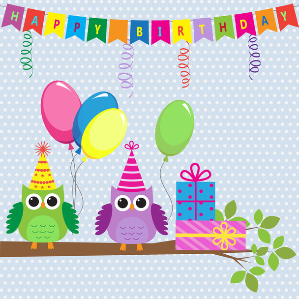 Векторная открытка на день рождения с совами
 - Вектор,изображение
