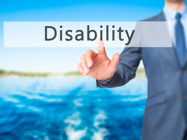 Niepełnosprawność - biznesmen ręcznie, naciskając przycisk na ekranie dotykowym - Zdjęcie, obraz