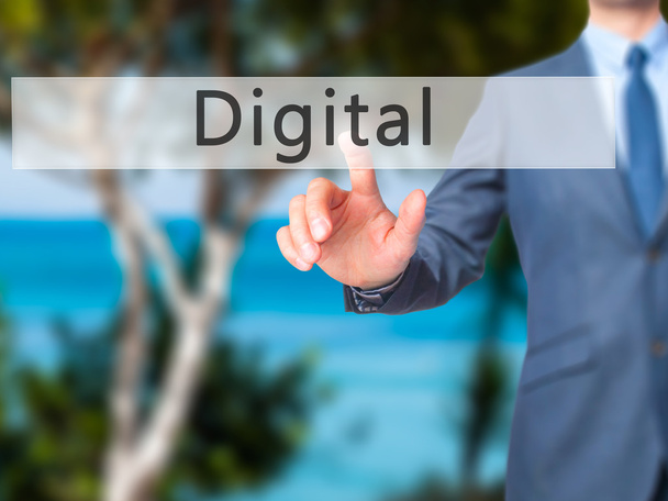Digital - biznesmen ręcznie, naciskając przycisk na ekranie dotykowym - Zdjęcie, obraz