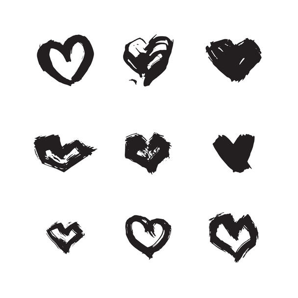 Hand drawn ink heart symbol set. Abstract vector black textured isolated brush heart - Vector, Image