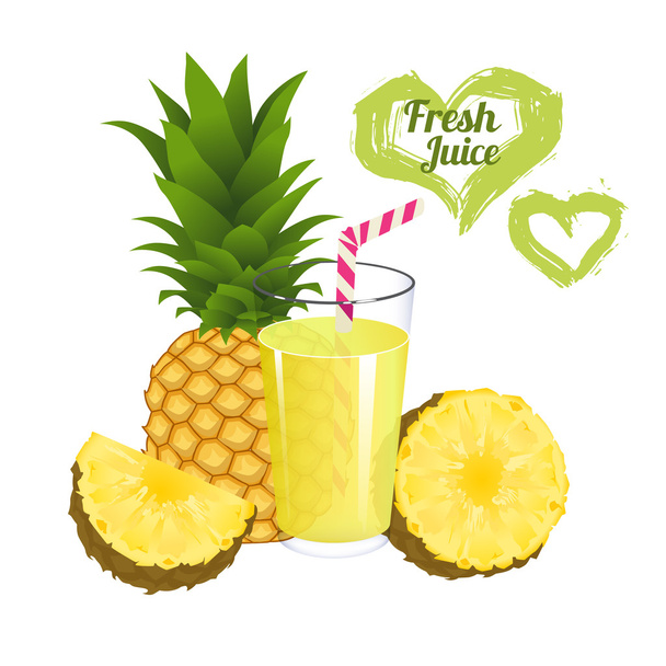 Pineapple juice isolated on white background. Glass of fresh ananas juice vector - Vektori, kuva