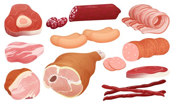 Different kinds of meat collection. pork meat, veal and ham meat, salami slices, sausage, bacon and beef. Fresh steak. - Vektör, Görsel