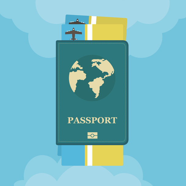 Διαβατήριο με αεροπορικά εισιτήρια με σύννεφα επίπεδη. Ταξίδι με εικονίδιο concept και τουρισμός. - Διάνυσμα, εικόνα