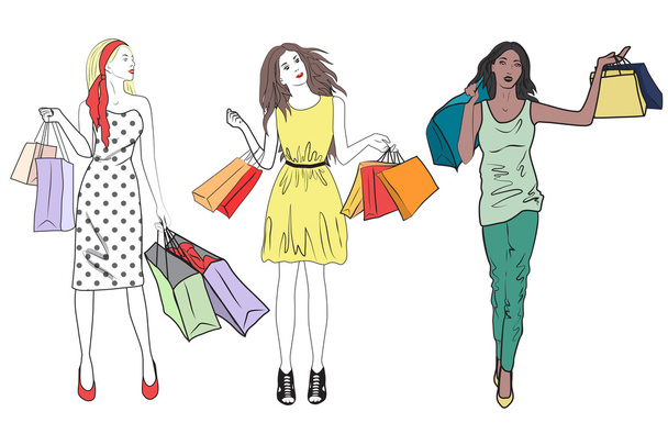 moda shopping girls donna set. Gruppo di amici felici shopping
. - Vettoriali, immagini