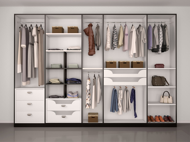 black and white wardrobe closet full of different things. 3d ill - Zdjęcie, obraz