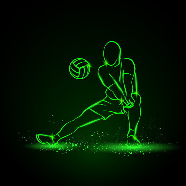 Volleyball player plays volleyball. Vector neon illustration on a black background. - Vector, Image