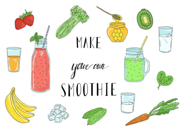 Smoothie recipe with a bottle and ingredients. Detox, healthy eating. - Vettoriali, immagini