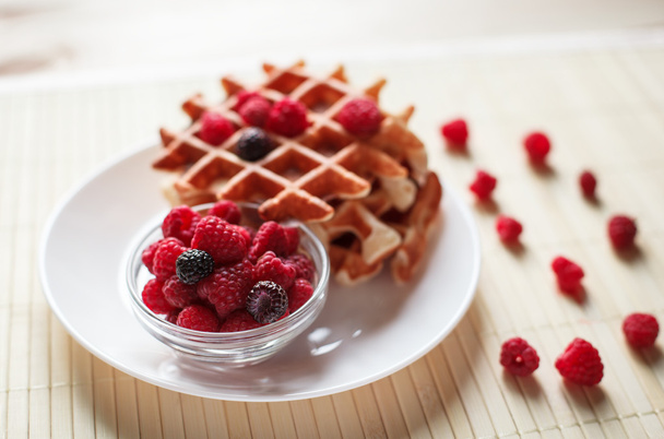 Waffles with honey, jam, and berries on a white plate, in close up view - Valokuva, kuva