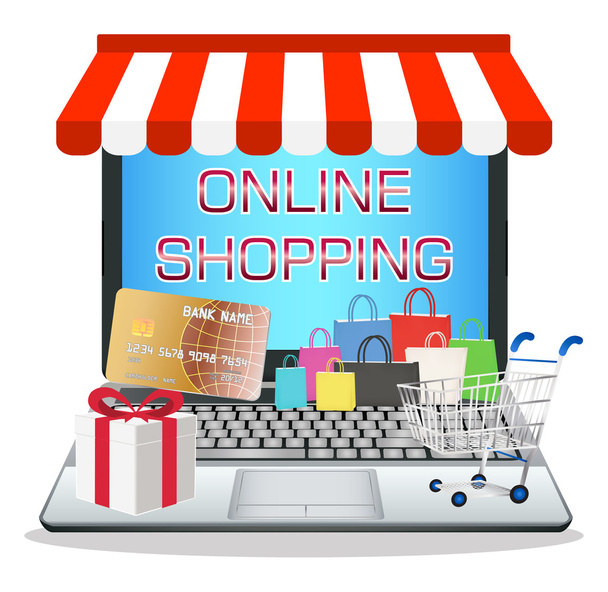 laptop-val online marketing áruház - Vektor, kép