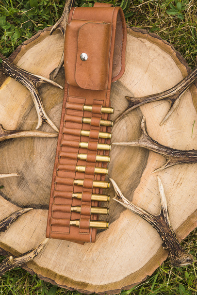 Cinturón de caza con balas y muchas astas
  - Foto, Imagen