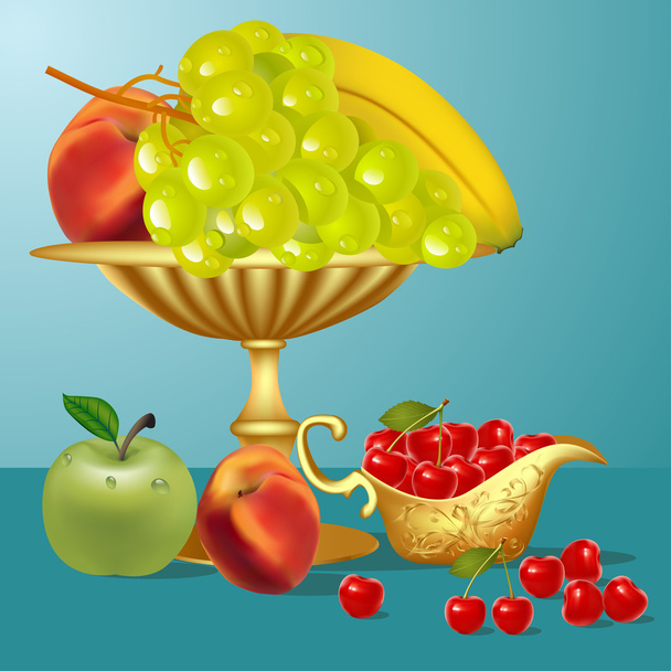Fruits banana,cherry, apple and vase - Vector, Image