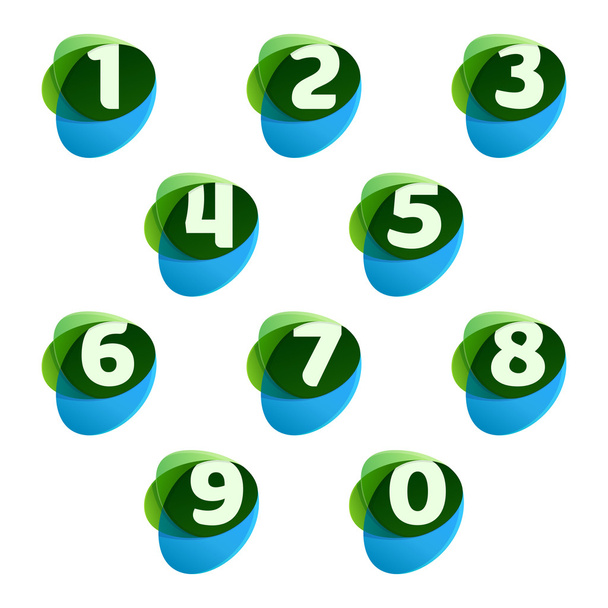 Logotipos de conjuntos de números en hojas verdes y gotas azules
. - Vector, imagen