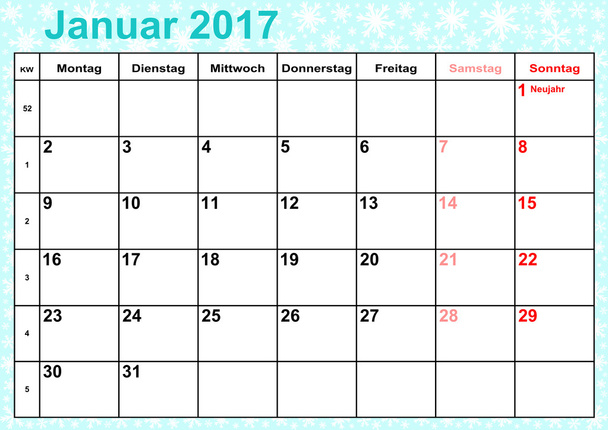 Календарь 2017 месяцев Январь для Германии
 - Вектор,изображение