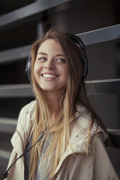 beautiful girl with headphones smiling - Photo, Image