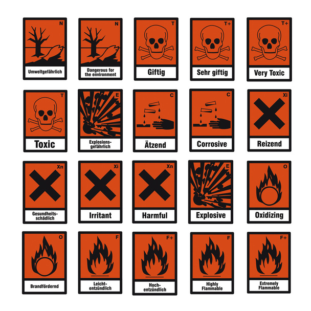 zestaw bezpieczeństwa znak niebezpieczeństwo znak niebezpiecznych chemia chemiczny toksyczne - Wektor, obraz