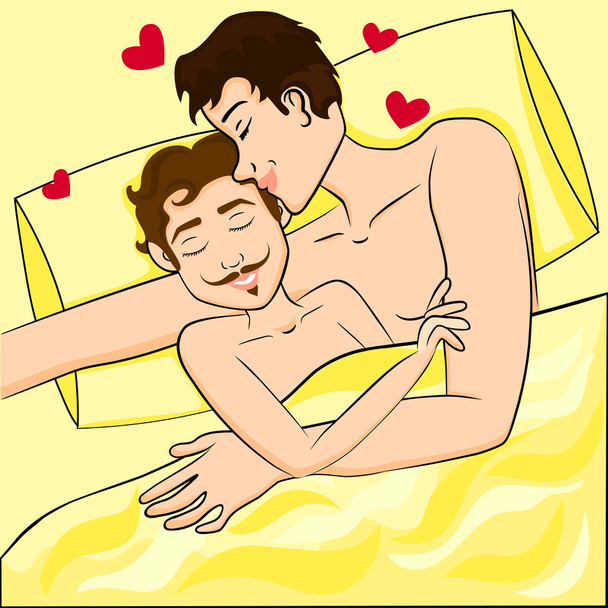 glückliches schwules Paar im Bett. Vektorillustration. - Vektor, Bild