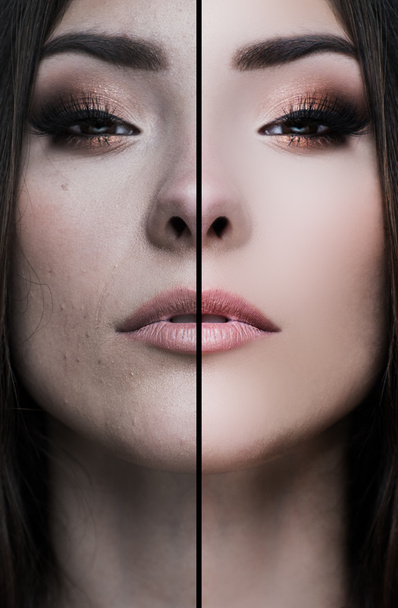 Gezicht van de vrouw, half digitaly geretoucheerd, vóór en na, Aziatische vrouw of gemengd ras  - Foto, afbeelding