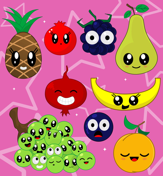 Vector illustration sticker set of cute cartoon fruit characters. - Vector, Image