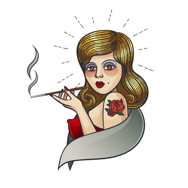 Vector illustration of a girl who smokes, Tattoo the girl's face in a retro  style. - Vector, Image