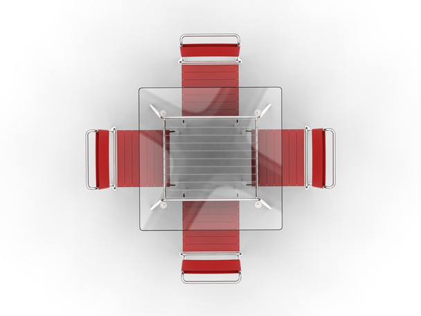 Скляний стіл з чотирма червоними стільцями на білому тлі
 - Фото, зображення