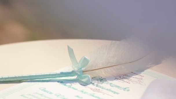 Pluma de pluma de pluma de cisne blanco, decorada con cinta azul y certificado de boda que se coloca en la mesa
 - Imágenes, Vídeo