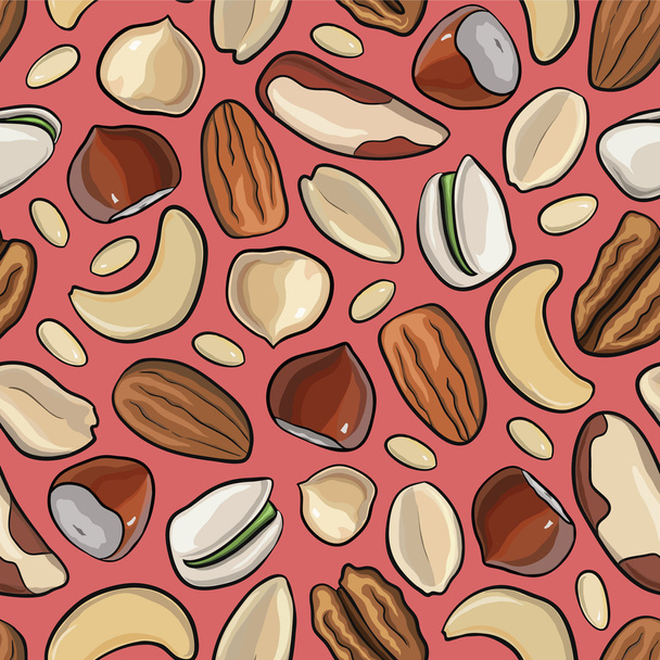 Vector naadloze patroon noten. hazelnoot, amandelen, pinda's, walnoten, cashewnoten, pijnboomnoot, pistachenoten, pecan - Vector, afbeelding
