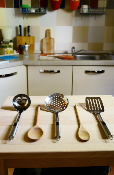 ladles on wooden table on kitchen  background - Photo, Image