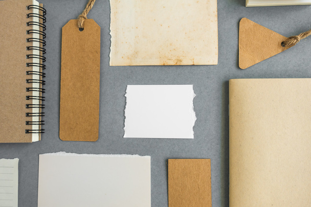 Collection of various paper, cardboard, tag, card and book with soft shadows. - 写真・画像