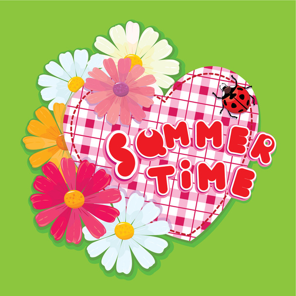Checkered Heart, ladybird and daisies on a green background. - Vetor, Imagem