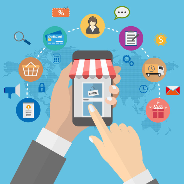 Shopping online con l'uomo in possesso di smartphone e icone di e-commerce su sfondo mappa globale
 - Vettoriali, immagini
