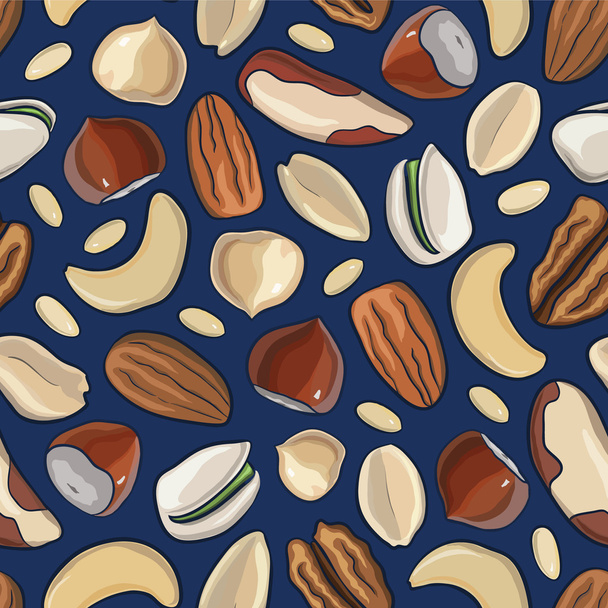 Vektorové bezešvé pattern ořechy. lískových oříšků, mandle, arašídy, ořech, kešu, Cedrové ořechy, pistácie, ořechový - Vektor, obrázek