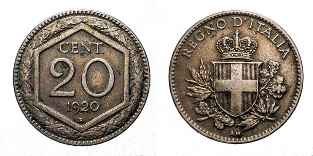 20 dvacet centů lir stříbrná mince 1920 Exagon koruny Savoy štít Vittorio Emanuele Iii království Itálie - Fotografie, Obrázek