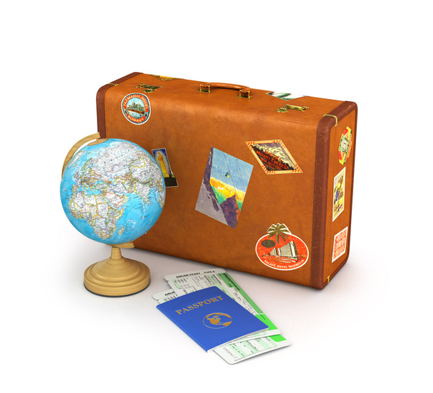 Concept travel. Suitcase for travel. Globe, passport and tickets - Foto, Imagen