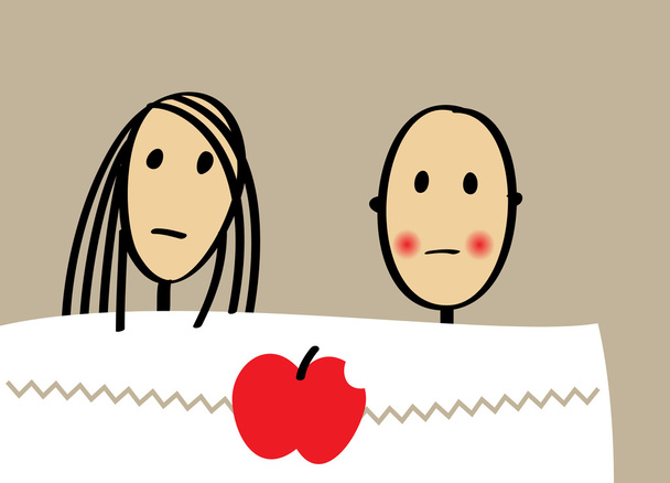Молодая пара с яблоком в постели
 - Вектор,изображение