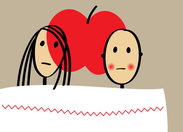 Молодая пара с яблоком в постели
 - Вектор,изображение