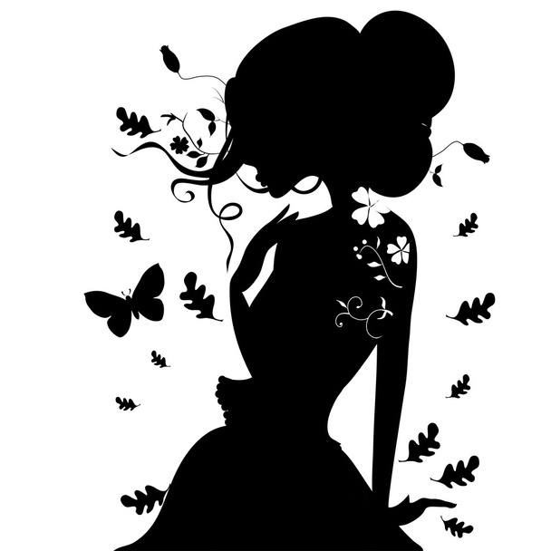 Beauty Girl Silhouette with Leaf. Beautiful woman Vector Portrait - Вектор,изображение