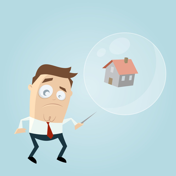 заинтересованный бизнесмен с домом в мыльном пузыре и иглой
 - Вектор,изображение