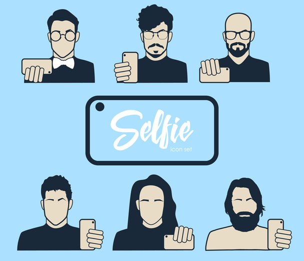 Ragazzi che scattano foto di sé - set di icone. Gli hipster fanno selfie. Baffi, Barba e Capelli. Illustrazione vettoriale
. - Vettoriali, immagini