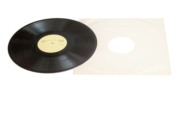 コレクションアルバムの前にコピースペースを持つビニールレコードは、白い背景に隔離されたダミータイトル。ヴィンテージプロセス - 写真・画像
