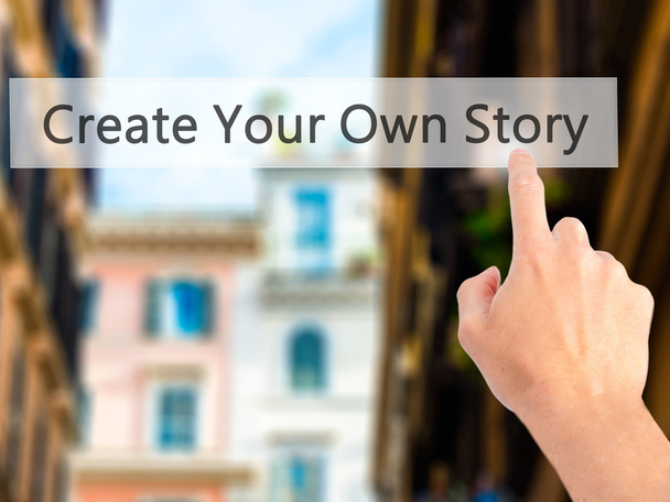 Δημιουργήστε τη δική σας ιστορία - χέρι πιέζοντας ένα κουμπί στο θολή έκφραση - Φωτογραφία, εικόνα