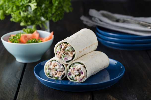 Tuna burritos with cucumber red onion and mayonnaise  - Photo, Image