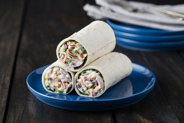 Ton balığı burrito salatalık kırmızı soğan ve mayonez ile  - Fotoğraf, Görsel