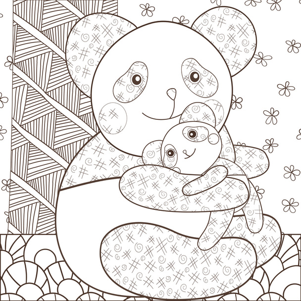 Dibujo para colorear lindo panda abrazando a su bebé. Ilustración caprichosa del vector del arte de línea. contorno marrón
 - Vector, Imagen