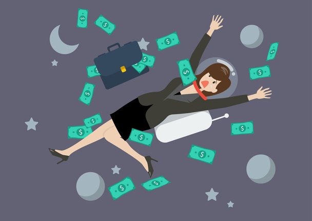 Greedy business woman floating in the space - Vector, Image