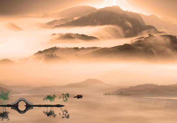 Kínai tájképfestészet - naplemente, halász - Fotó, kép