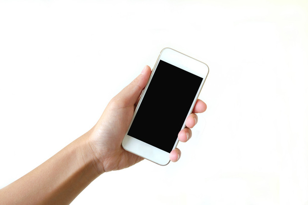 Smartphone in left hand. - Foto, afbeelding
