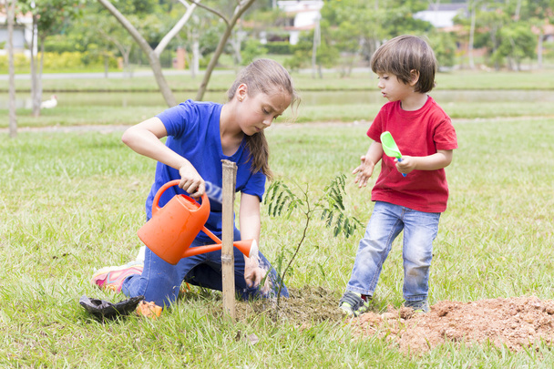 Happy Girl and Boy Watering Plants Outdoors - Photo, Image