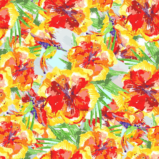 Akvarel květy a listy s ptákem - Fotografie, Obrázek